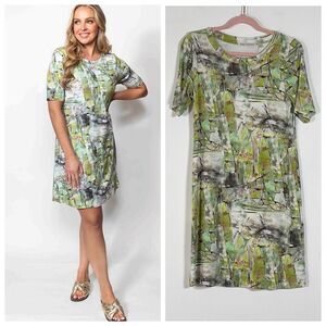 Sno Skins T-Shirt Dress Womens Sz Small Green Abstract Print Short Sleeve